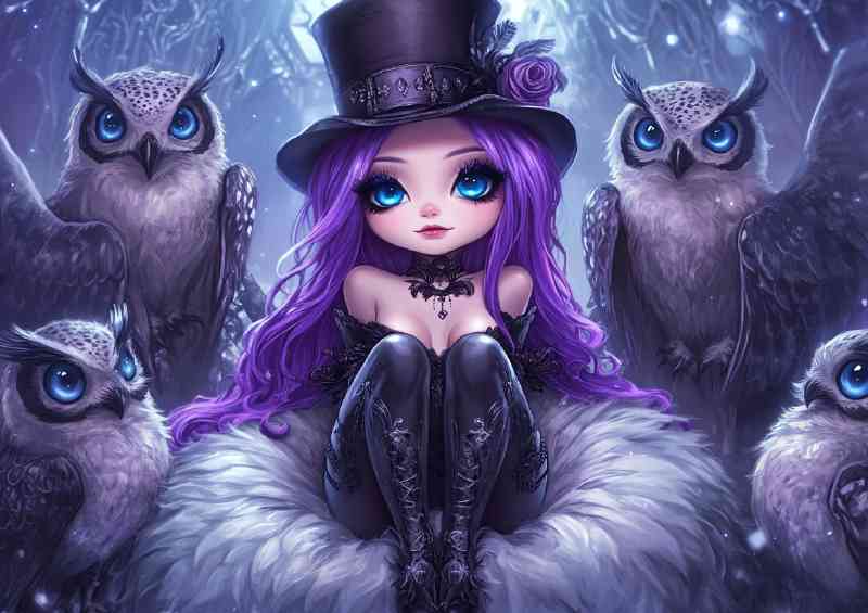 A beautiful gothic princess with long purple hair and owls | Di-Bond