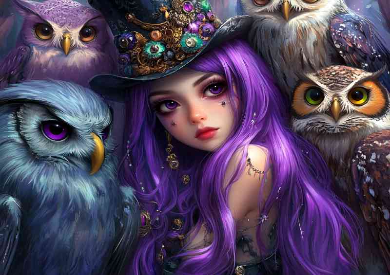 A gothic princess with long purple hair and owls | Di-Bond