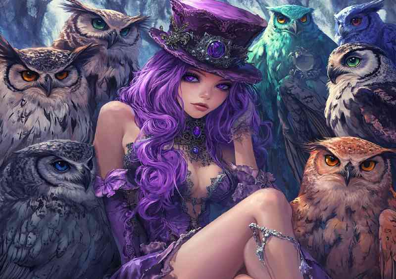 A gothic princess with long purple hair surrounded by her owl family | Canvas