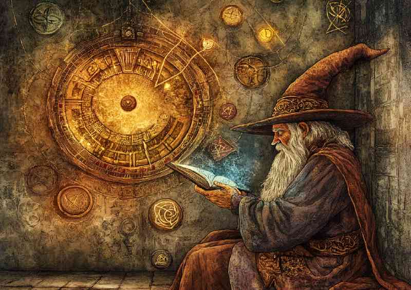 A wizard reading an old timey clock with magical symbol | Poster