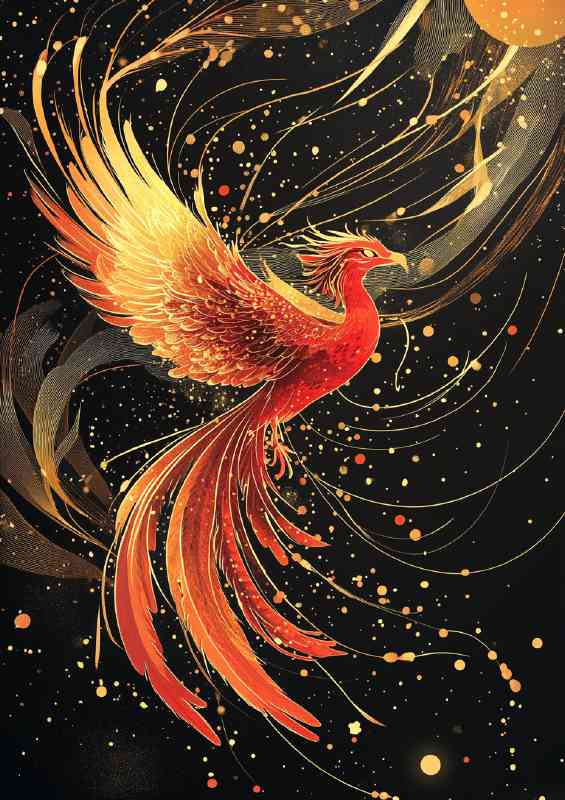 A red phoenix against a black background with golden | Metal Poster
