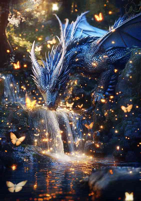 Blue dragon surrounded by glowing fireflies and butterflies | Poster