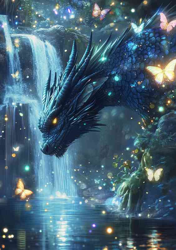 Blue dragon surrounded by glowing fireflies and butterflies and waterfall | Poster
