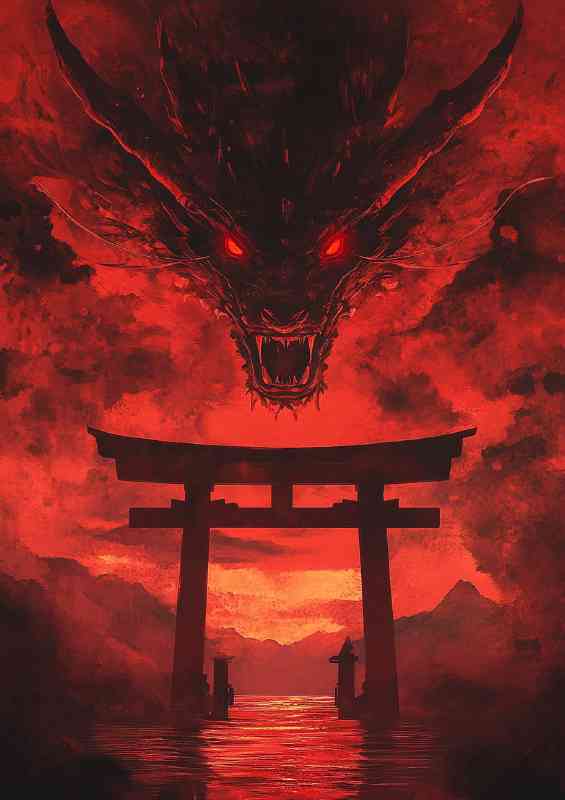 Dragon with red eyes is flying above the torii gate | Canvas