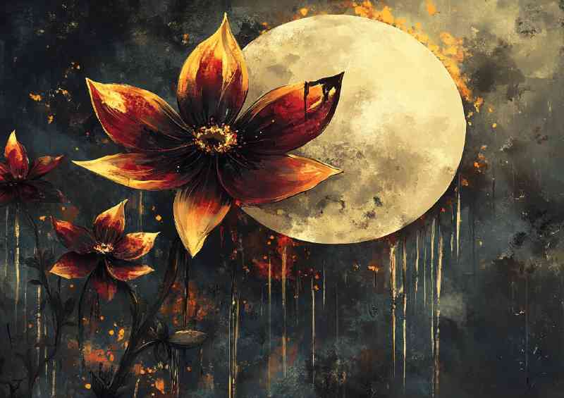 In the style of watercolor painting flowers with dark moon | Metal Poster