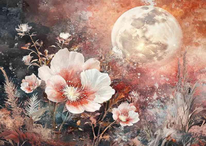 Surreal watercolor painting of giant flowers with the moon | Poster
