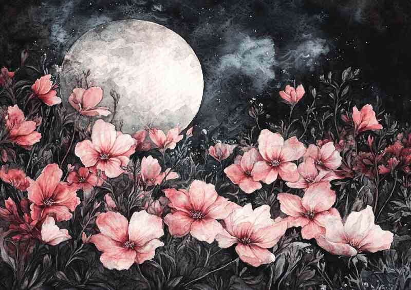 Watercolor painting of giant flowers on the moon | Metal Poster