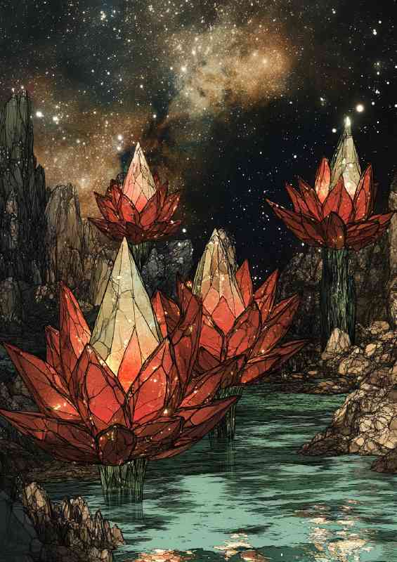 Crystal lotus flowers with red pettles glass | Poster