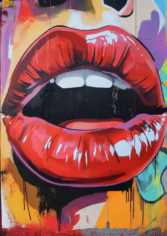 Graffiti art featuring large vibrant red lips | Canvas