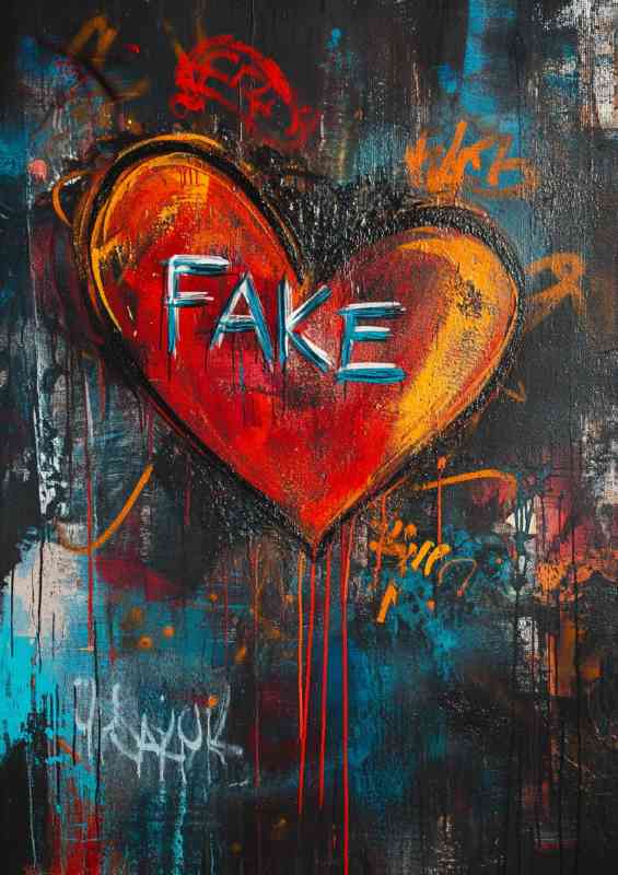 Graffiti art of a heart with the word FAKE | Metal Poster