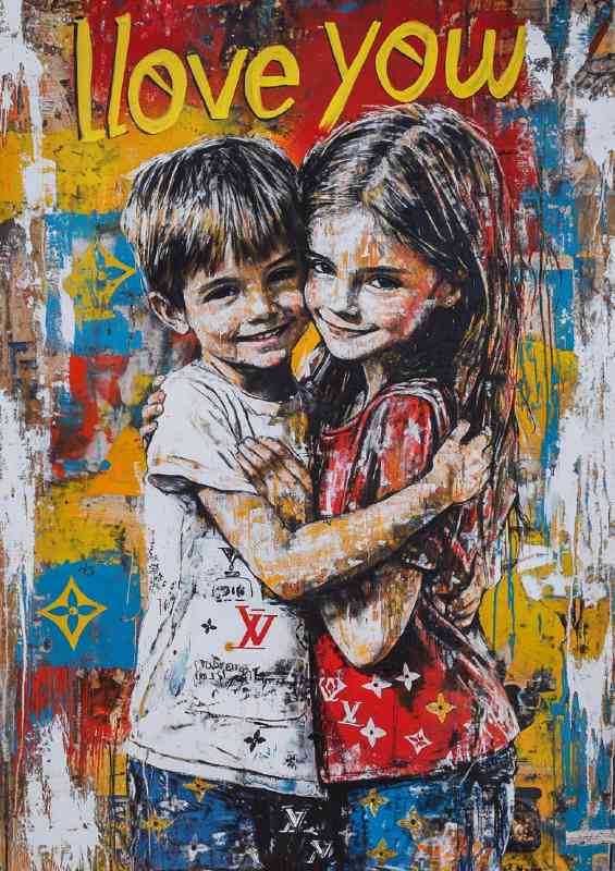 Graffiti painting of two children hugging | Metal Poster