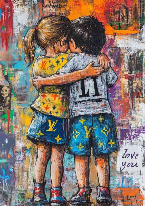Graffiti painting of two children hugging colorful | Poster