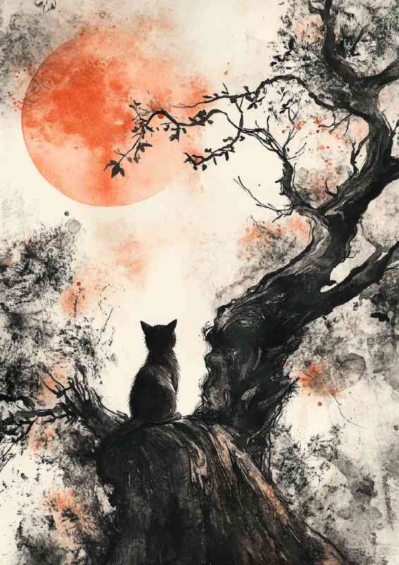 A cat sits on the edge of an old tree gazing at a red moon | Canvas
