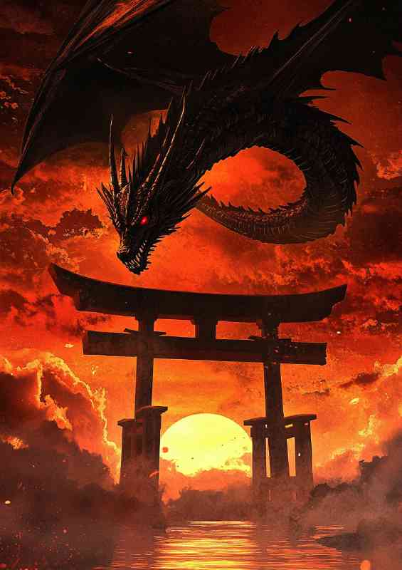 A dragon with red eyes is flying above the torii gate | Poster