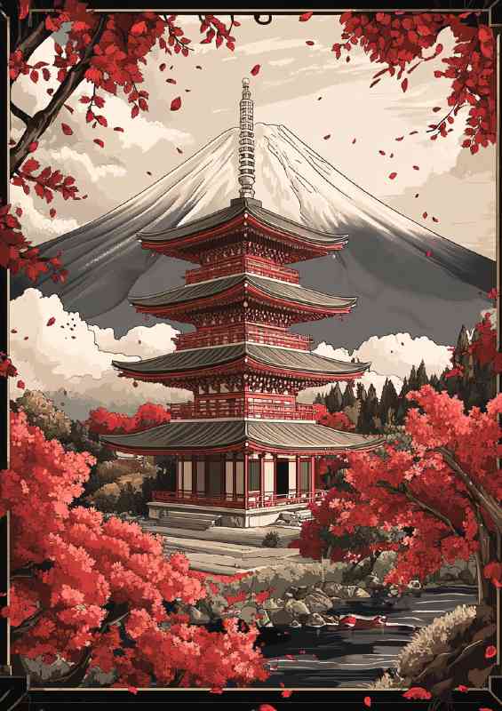 Beautiful Japanese temple with Mount Fuji | Poster