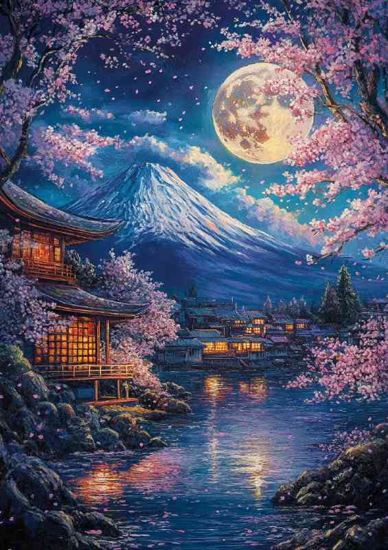 Breathtaking painting of Mount Fuji under the moon | Di-Bond