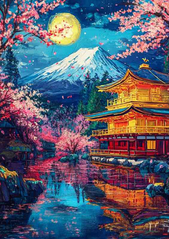 Breathtaking painting of Mount Fuji under the moon and reflection lake | Canvas