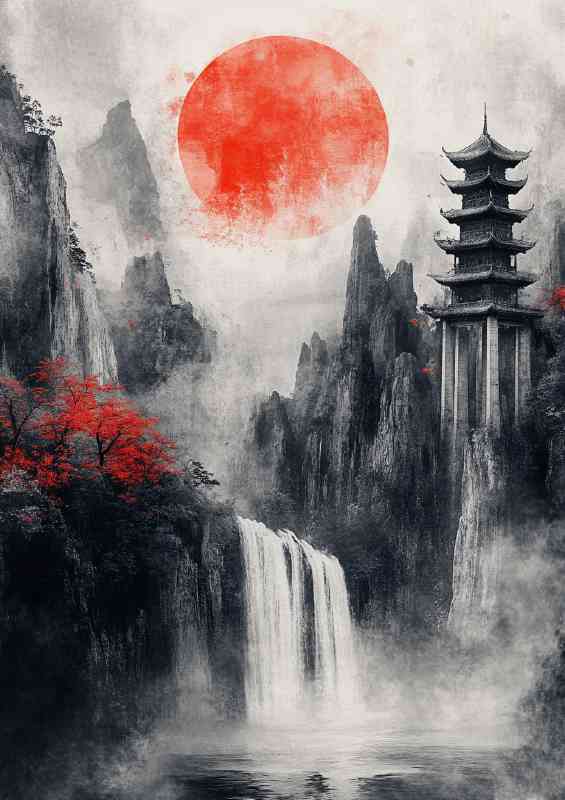 Chinese landscape painting Pavilions and towers waterfalls | Metal Poster