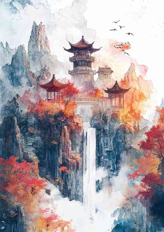 Chinese landscape with pavilions and towers waterfalls and trees | Canvas