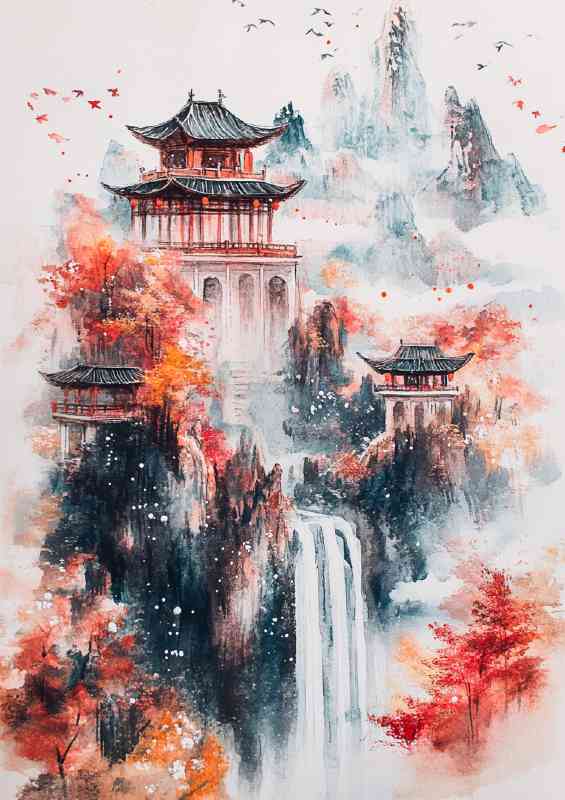 Chinese painting with waterfalls pavilions and towers | Di-Bond