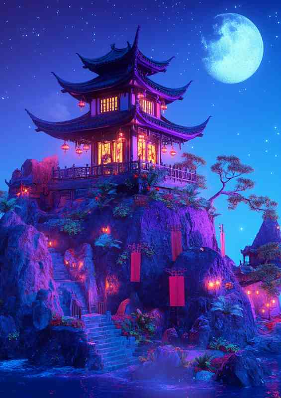 Chinese style building on the top of an island with neon blue | Di-Bond