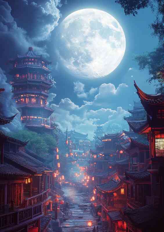 Chinese style city under the moonlight with ancient buildings | Canvas