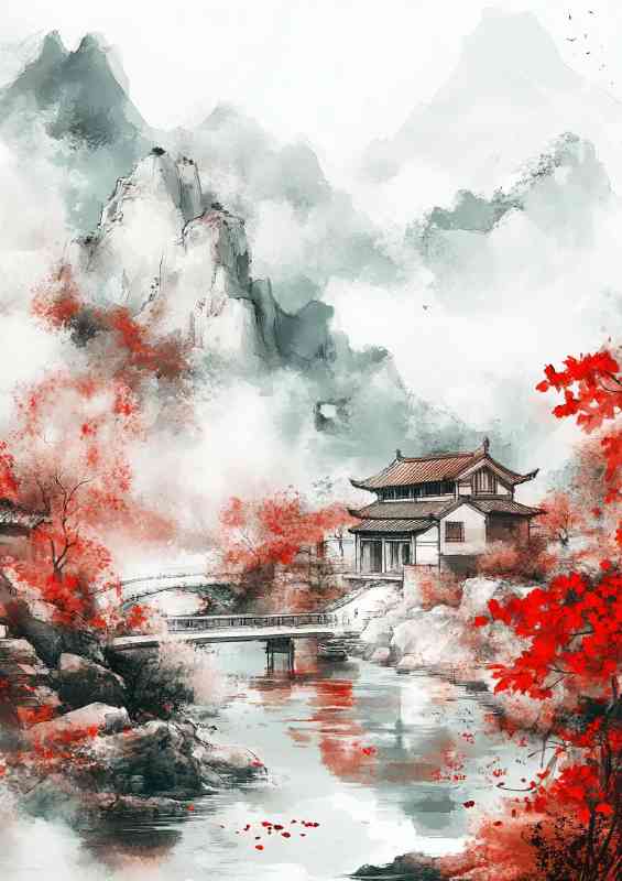 Chinese traditional painting landscape painting with architecture | Poster