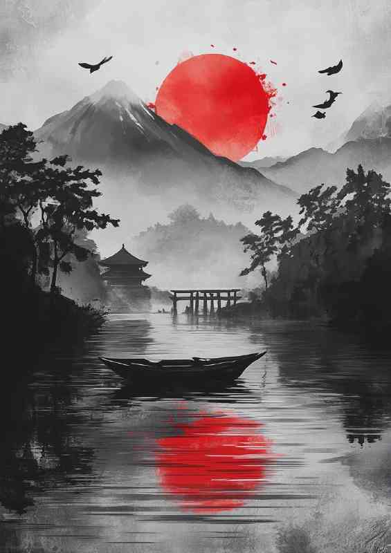 Japanese Inked landscape with mountains boat and temple | Di-Bond