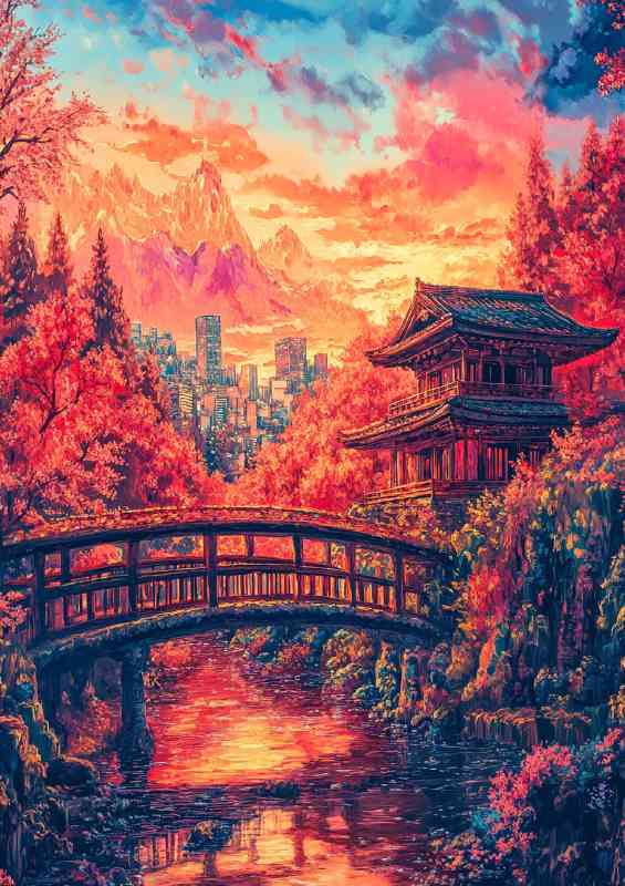 Japanese architecture Japanese cherry blossom trees over the bridge | Canvas