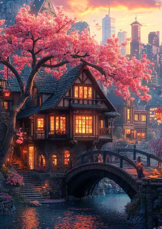 Japanese architecture cherry blossom tree with pink leaves | Canvas