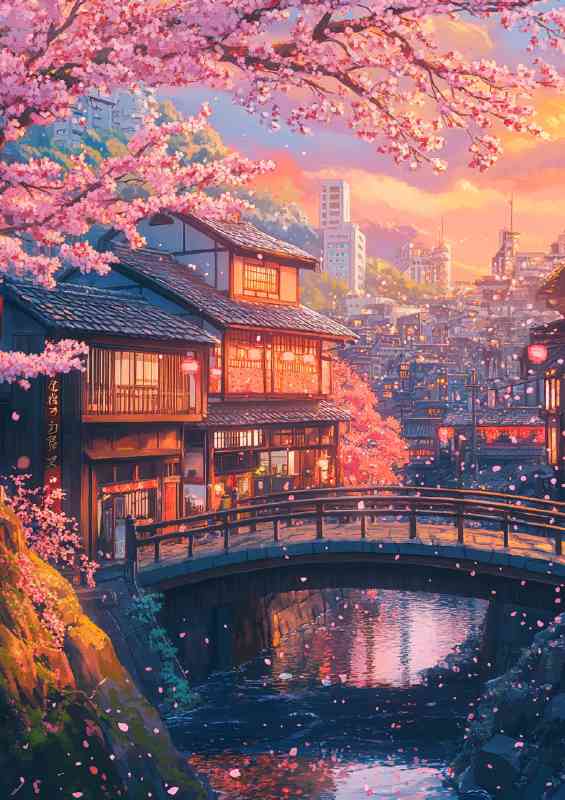 Japanese architecture cherry blossom tree with pink leaves and bridge | Di-Bond