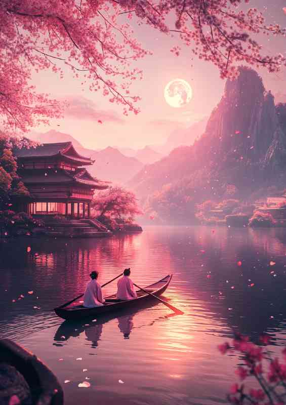Japanese boat on the lake with cherry blossoms | Canvas