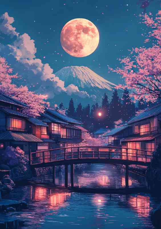 Japanese bridge cherry blossoms full moon over Mount fuji | Metal Poster