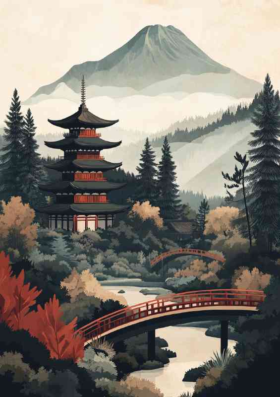 Japanese landscape with a temple mountains | Metal Poster