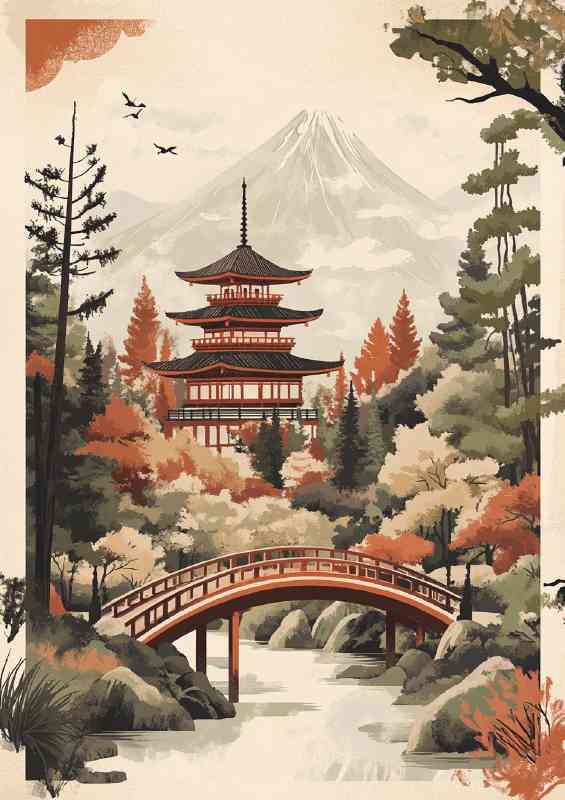 Japanese landscape with a temple mountains and bridge | Di-Bond