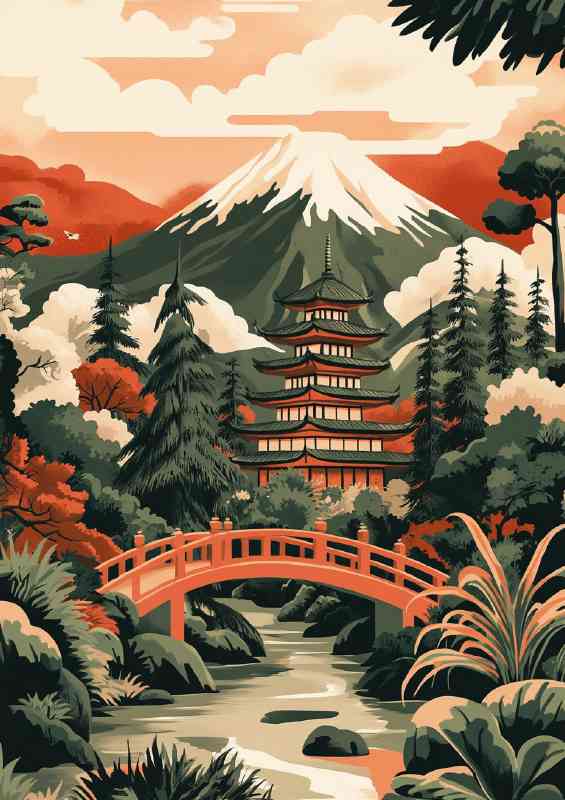 Japanese landscape with a temple mountains and pine filled trees | Poster