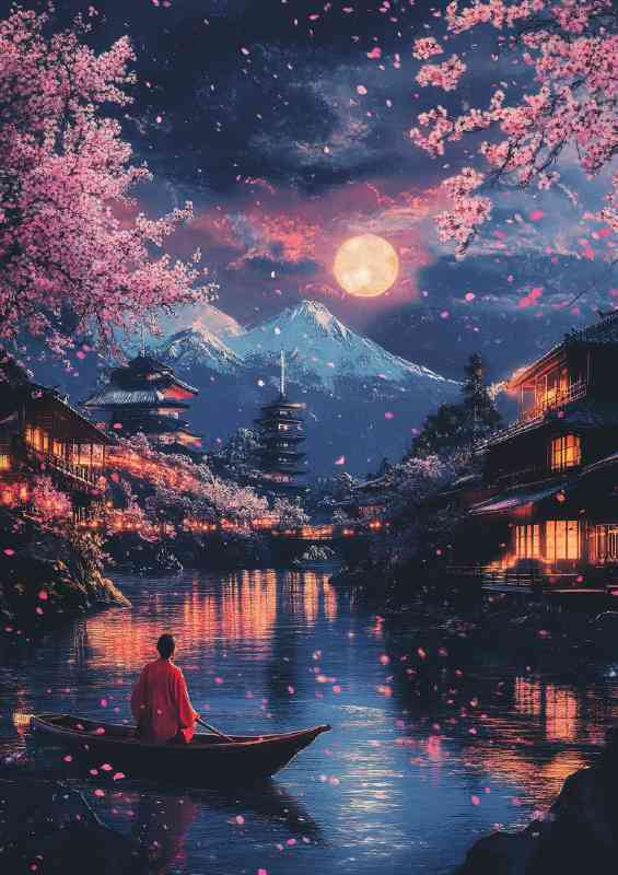 Japanese landscape with cherry blossoms full moon | Metal Poster