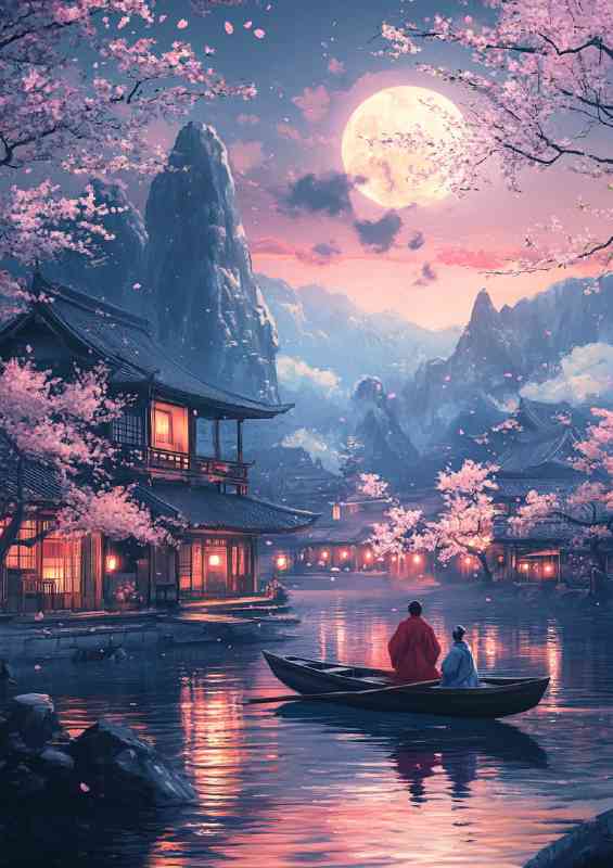 Japanese landscape with cherry blossoms on the lake | Metal Poster