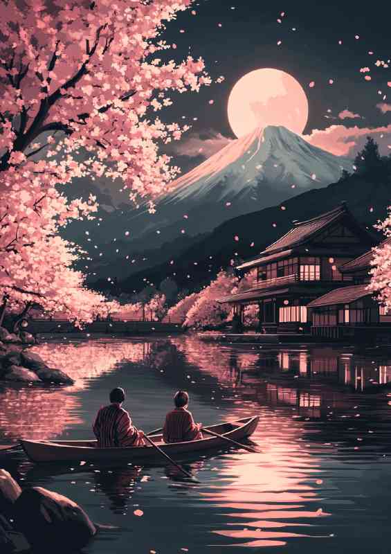 Japanese mount fuji with boat on the lake | Metal Poster