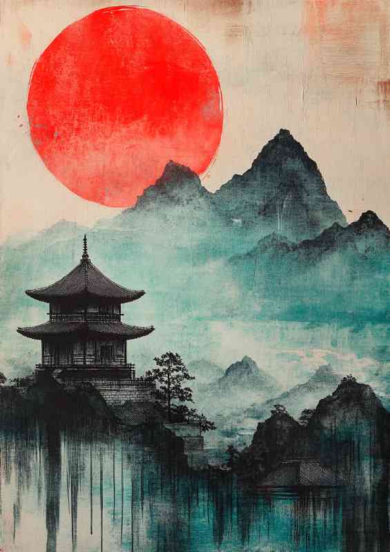 Japanese painting depicting mountains and red sun | Metal Poster