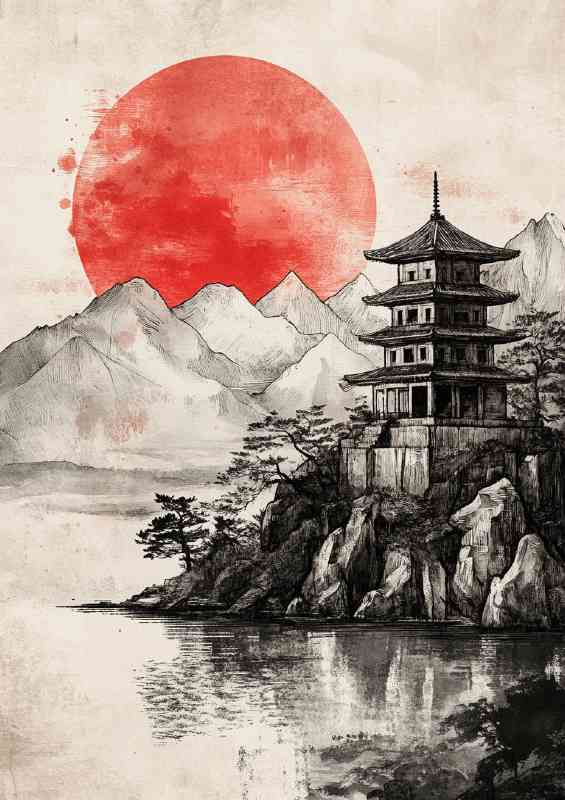 Japanese painting of an ancient temple red moon | Metal Poster