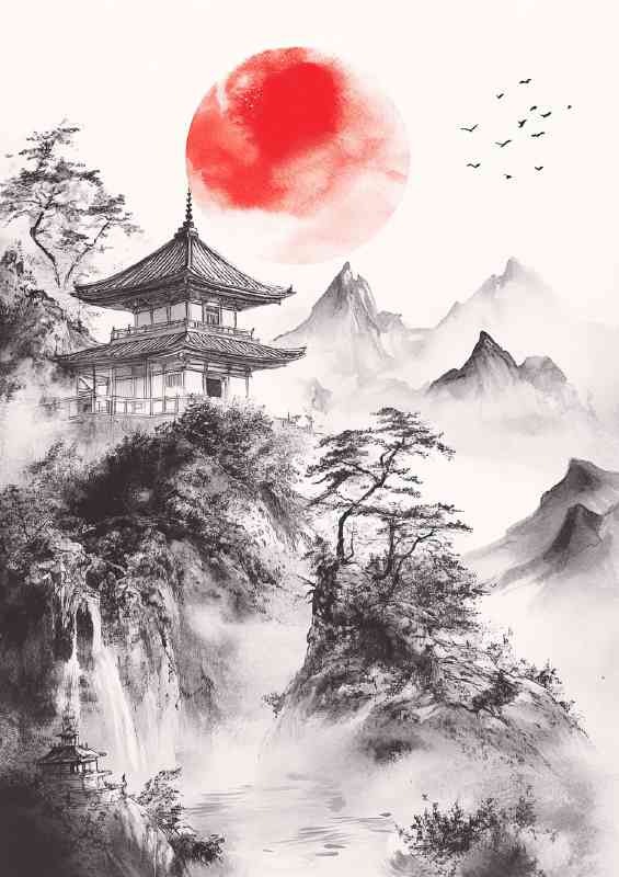 Japanese painting of an ancient temple and mist | Metal Poster
