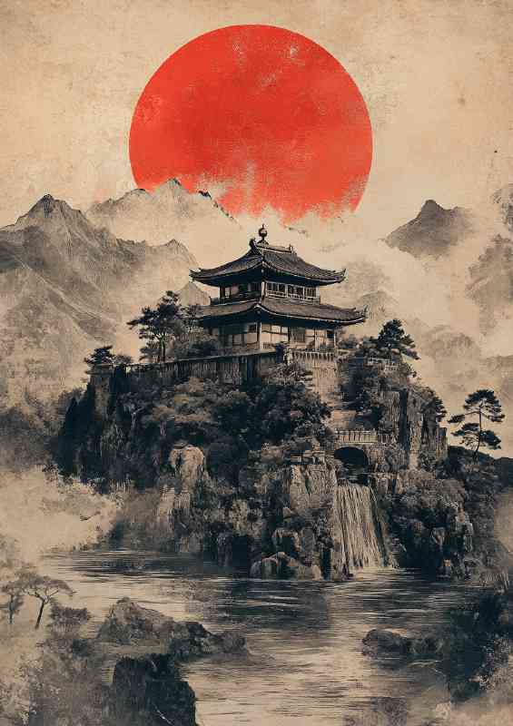 Japanese painting of an ancient temple on the hil | Metal Poster