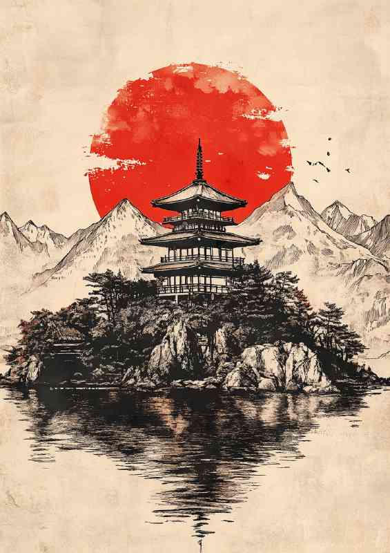 Japanese painting of an ancient temple on the lake | Metal Poster
