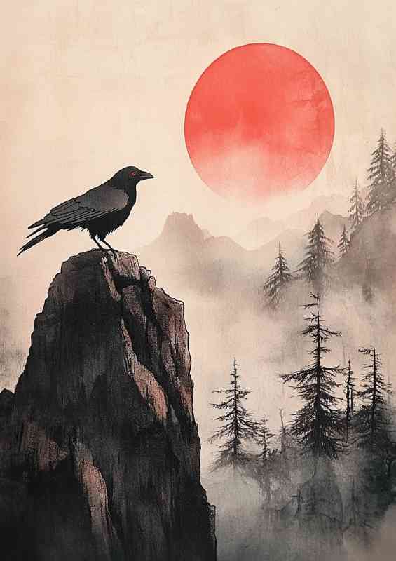Japanese style painting of a crow perched | Di-Bond