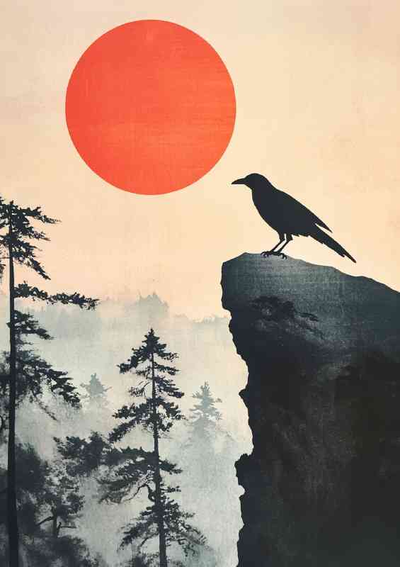 Japanese style painting of a crow perched on the edge | Metal Poster