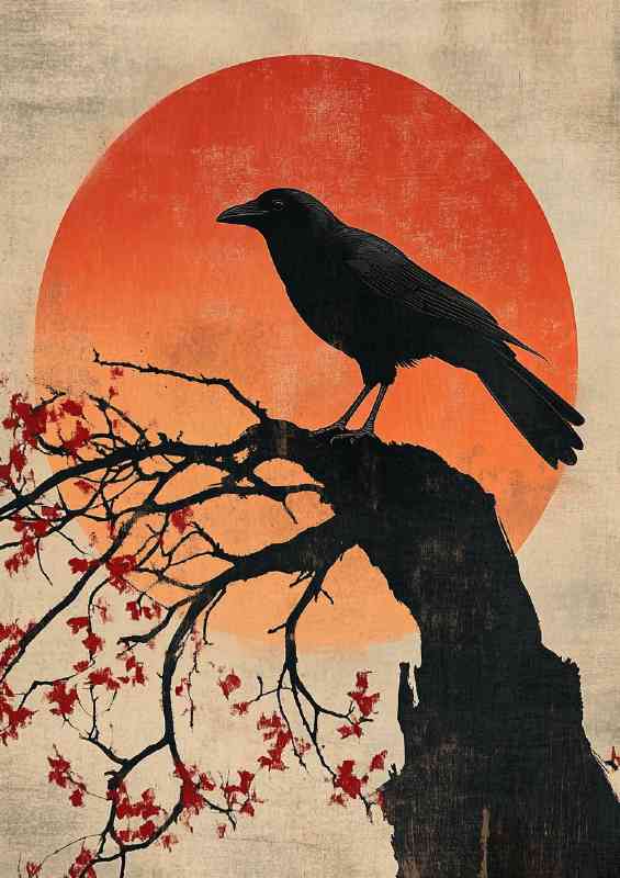 Japanese style painting of a crow sitting on top of a branch | Metal Poster