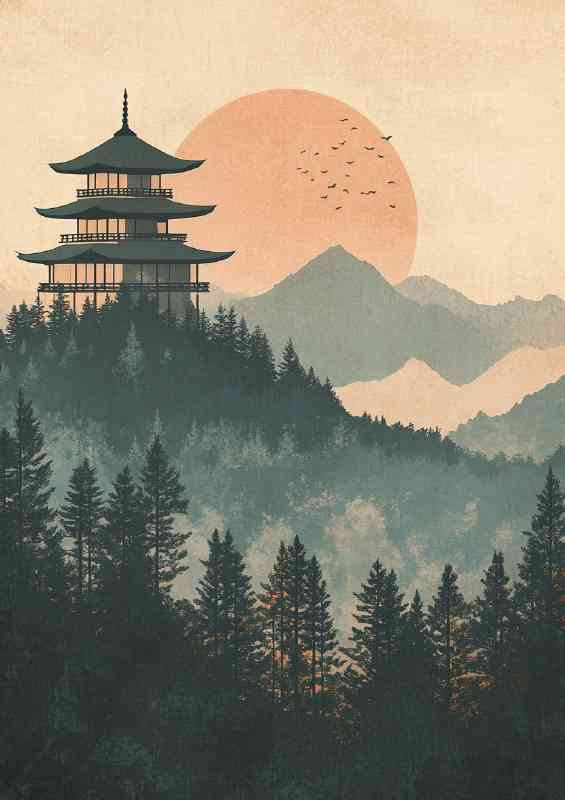 Japanese temple landscape with pine trees | Poster