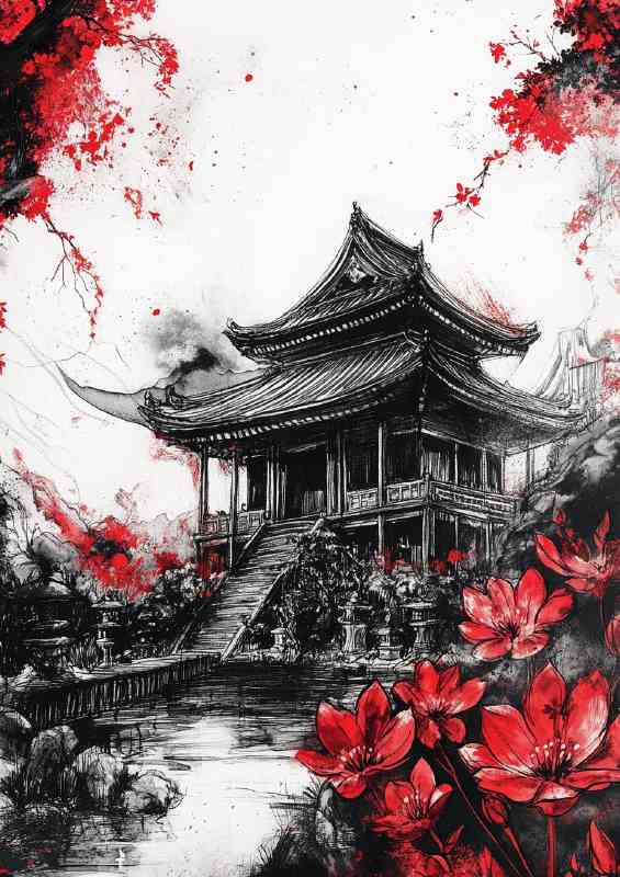 Japanese temple red flowers ink drawing dark colors | Metal Poster
