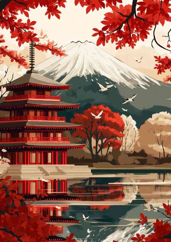 Japanese temple with Mount Fuji in the background flat colours | Metal Poster